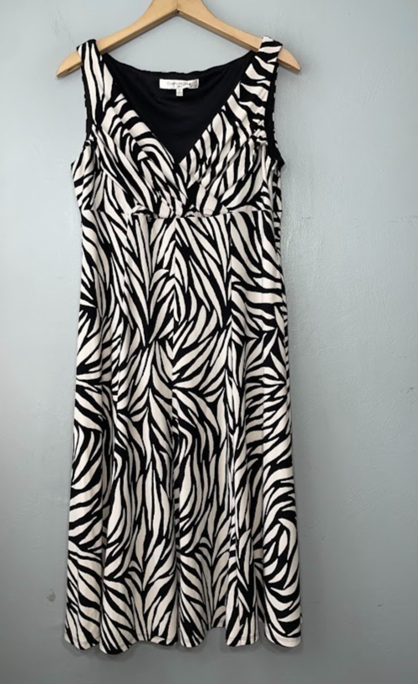 Evan Picone Babydoll Dress Size 12 Black Beige Empire Waist Stretch Sleeveless